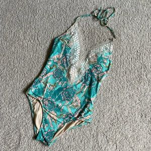 Sea Angel Blue Green Teal Pink Paisley Crochet One Piece Swimsuit (small)